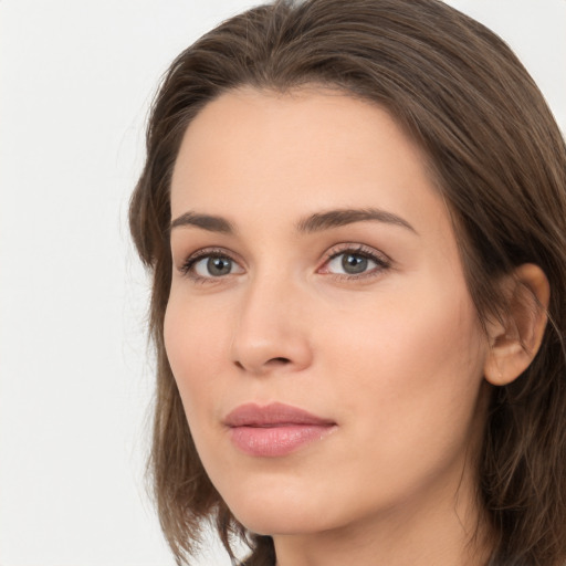 Neutral white young-adult female with long  brown hair and brown eyes