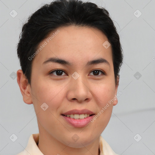 Joyful white young-adult female with short  brown hair and brown eyes