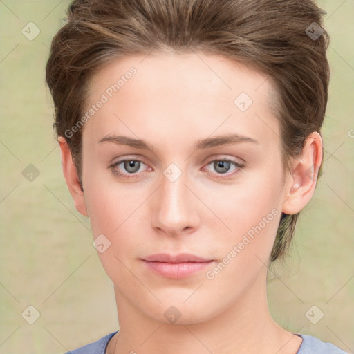 Neutral white young-adult female with medium  brown hair and grey eyes