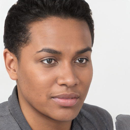 Neutral white young-adult female with short  brown hair and brown eyes