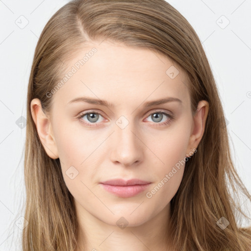 Neutral white young-adult female with long  brown hair and grey eyes