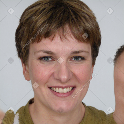 Joyful white young-adult female with short  brown hair and brown eyes