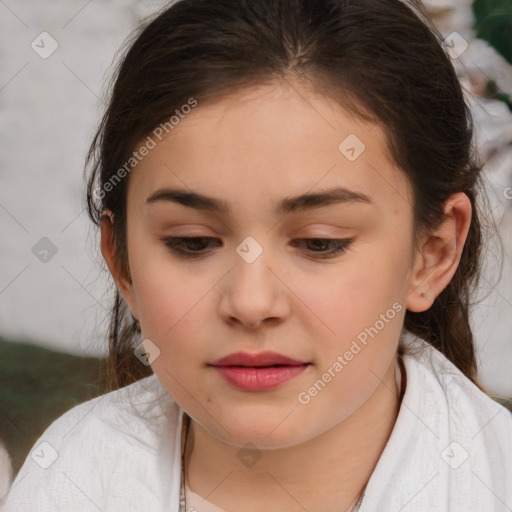 Joyful white child female with medium  brown hair and brown eyes