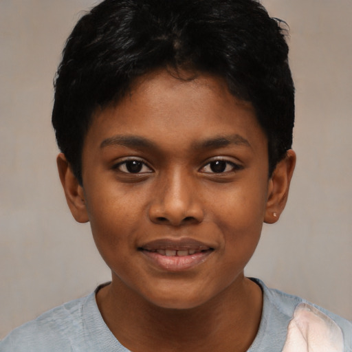 Joyful asian child female with short  black hair and brown eyes
