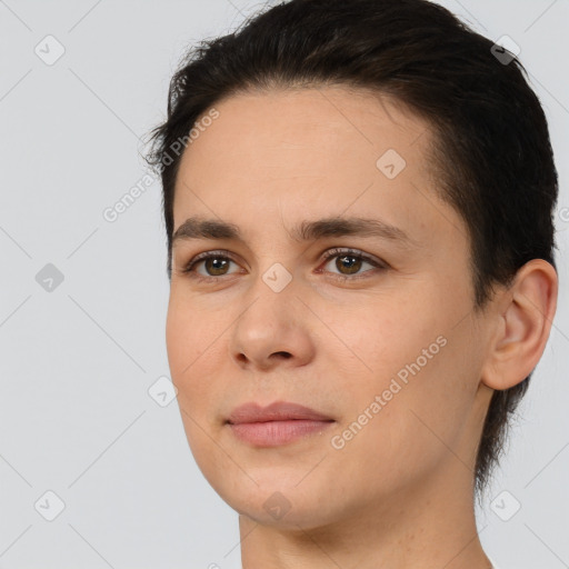 Joyful white young-adult female with short  brown hair and brown eyes