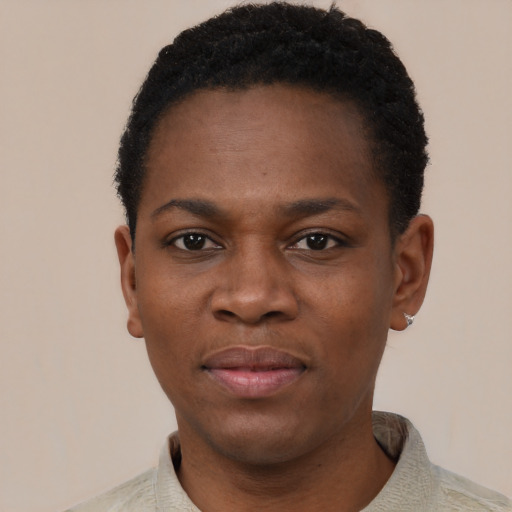 Neutral black young-adult female with short  black hair and brown eyes