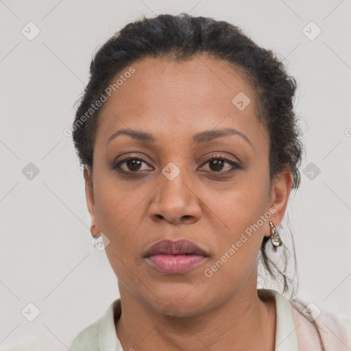 Neutral black adult female with short  brown hair and brown eyes