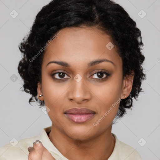 Joyful latino young-adult female with medium  black hair and brown eyes