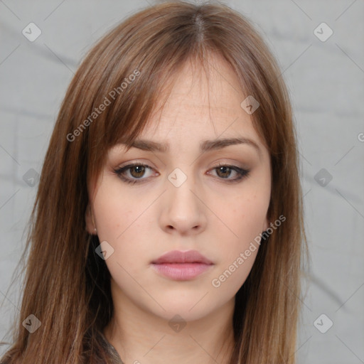 Neutral white young-adult female with long  brown hair and brown eyes