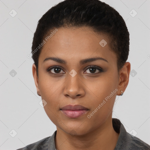 Neutral latino young-adult female with short  black hair and brown eyes