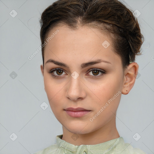 Neutral white young-adult female with short  brown hair and brown eyes