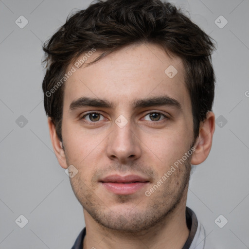 Neutral white young-adult male with short  brown hair and grey eyes