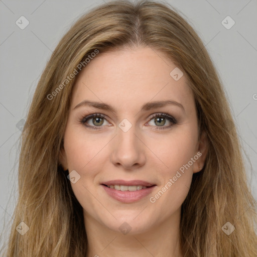 Joyful white young-adult female with long  brown hair and green eyes