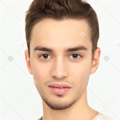 Neutral white young-adult male with short  brown hair and brown eyes