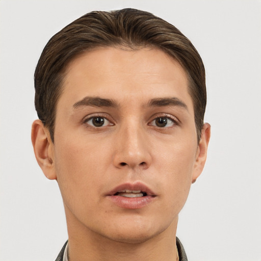 Neutral white young-adult male with short  brown hair and brown eyes