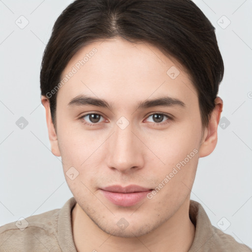 Neutral white young-adult male with short  brown hair and brown eyes