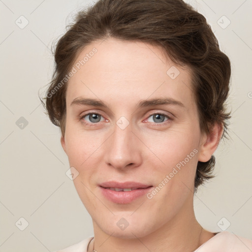 Joyful white young-adult female with medium  brown hair and green eyes