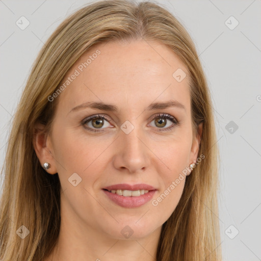 Joyful white young-adult female with long  brown hair and grey eyes