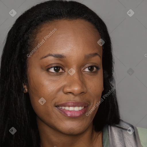 Joyful black young-adult female with long  brown hair and brown eyes