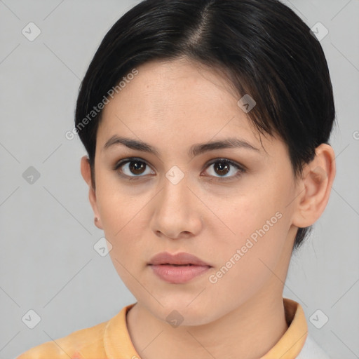 Neutral white young-adult female with short  brown hair and brown eyes