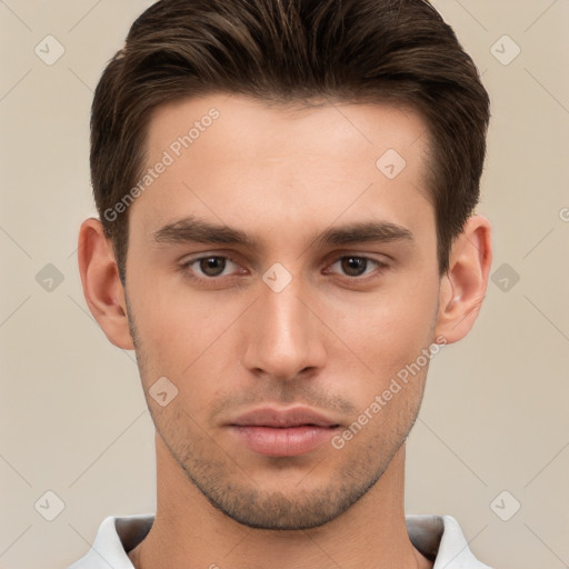 Neutral white young-adult male with short  brown hair and brown eyes