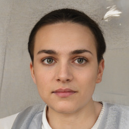 Neutral white young-adult female with short  brown hair and brown eyes