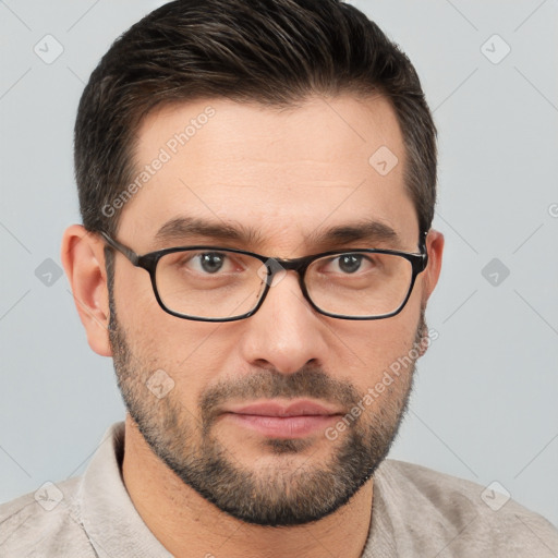 Neutral white young-adult male with short  brown hair and brown eyes