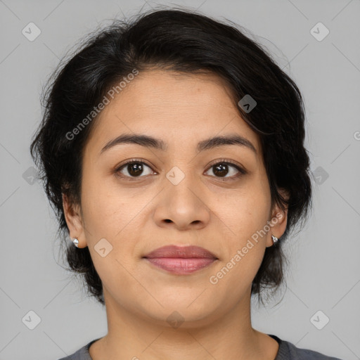 Joyful asian young-adult female with medium  brown hair and brown eyes