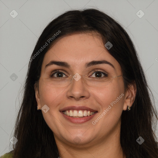 Joyful white adult female with long  brown hair and brown eyes