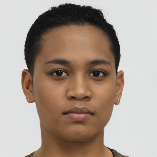 Neutral black young-adult male with short  black hair and brown eyes