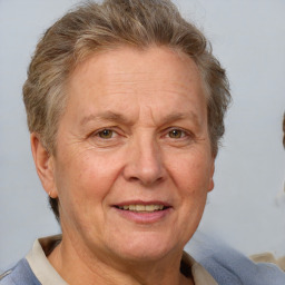 Joyful white middle-aged female with short  brown hair and brown eyes