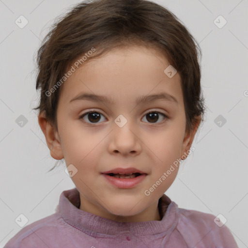 Joyful white child female with short  brown hair and brown eyes