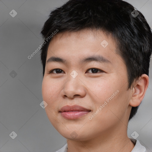 Joyful asian young-adult male with short  brown hair and brown eyes