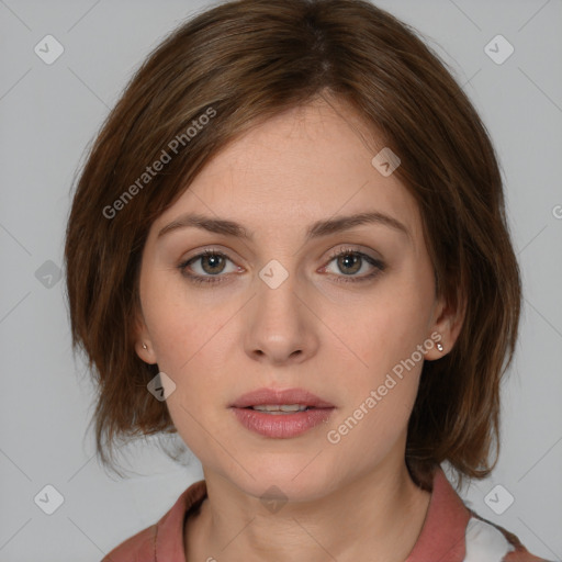 Neutral white young-adult female with medium  brown hair and brown eyes