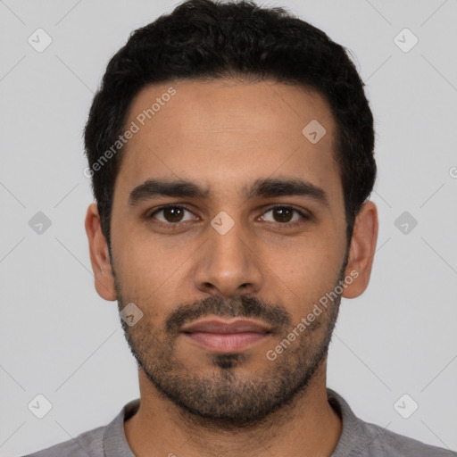 Neutral latino young-adult male with short  black hair and brown eyes