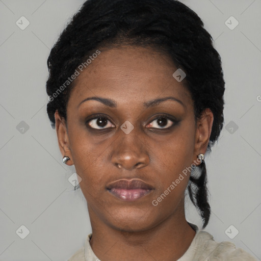 Neutral black young-adult female with short  black hair and brown eyes