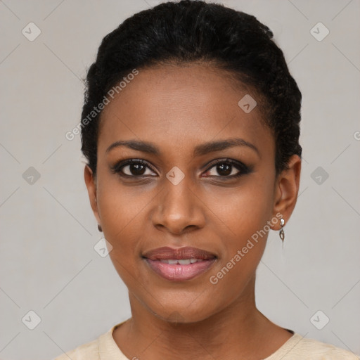 Joyful latino young-adult female with short  black hair and brown eyes