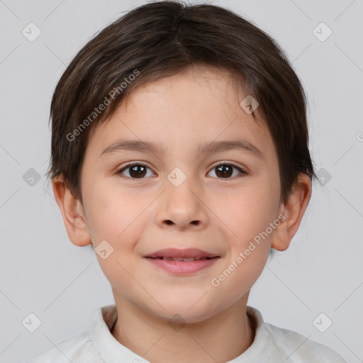 Joyful white child female with short  brown hair and brown eyes