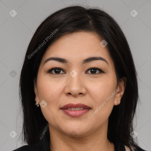 Joyful latino young-adult female with medium  brown hair and brown eyes