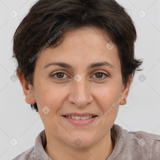 Joyful white adult female with short  brown hair and brown eyes