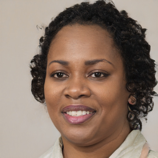 Joyful black adult female with short  brown hair and brown eyes