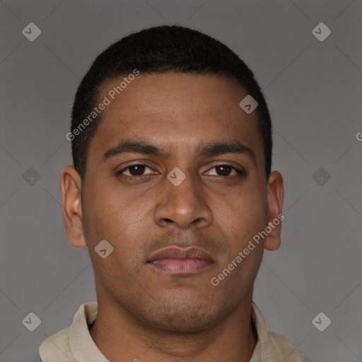 Neutral latino young-adult male with short  brown hair and brown eyes