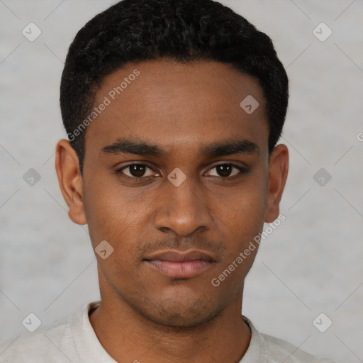 Neutral black young-adult male with short  black hair and brown eyes