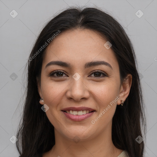 Joyful white young-adult female with long  brown hair and brown eyes