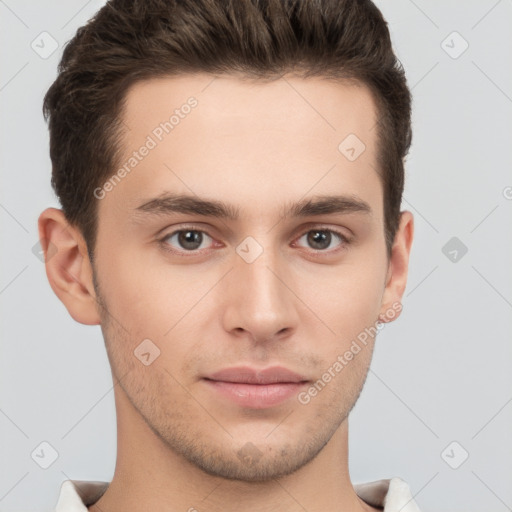 Neutral white young-adult male with short  brown hair and brown eyes