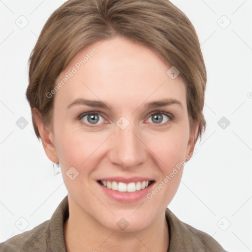 Joyful white young-adult female with short  brown hair and grey eyes