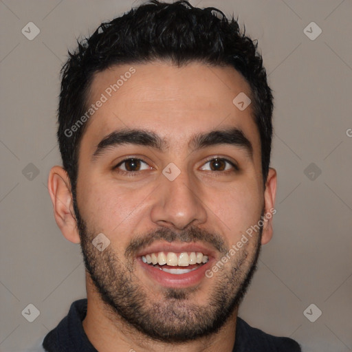 Joyful latino young-adult male with short  black hair and brown eyes