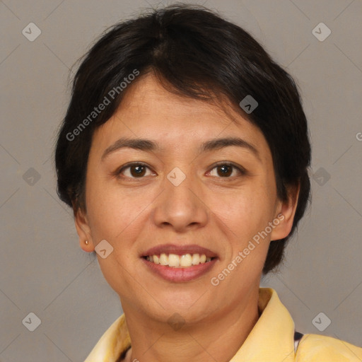 Joyful white young-adult female with short  brown hair and brown eyes