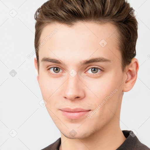 Neutral white young-adult male with short  brown hair and brown eyes