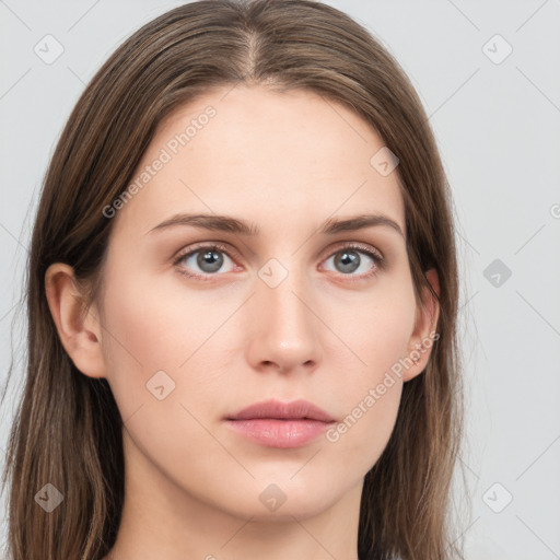 Neutral white young-adult female with long  brown hair and grey eyes